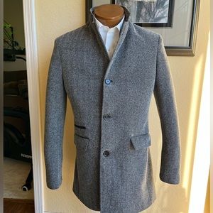 Zara Man Heavyweight Gray Herringbone Mid-Length Overcoat & Warm Liner Size 38R